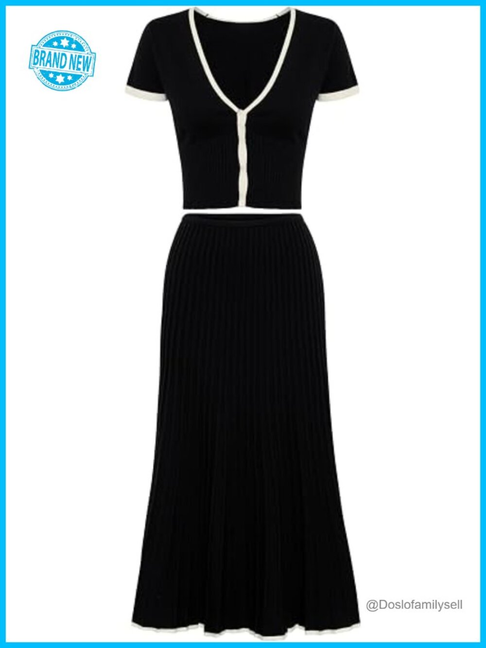 Two Piece Skirt Set - Short Sleeve Crop Top & Midi Pleated Skirt Ribbed Knit